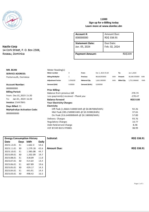 Dominica Electricity Services Limited electricity business utility bill word and pdf formats